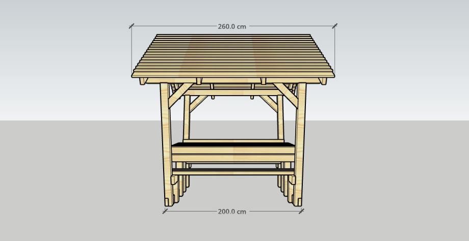 Tehnička skica sjenice - tlocrt s dimenzijama 260x200 cm - drvena konstrukcija