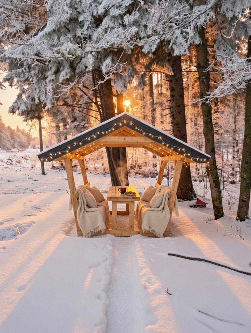 Vrtna sjenica od sadrvana - bočni pogled s klupama - drvena pergola